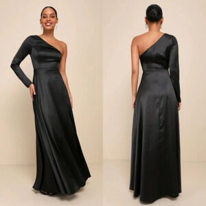 Lulus Unreal Elegance Black Satin One-Shoulder Long Sleeve Maxi Dress L Party
